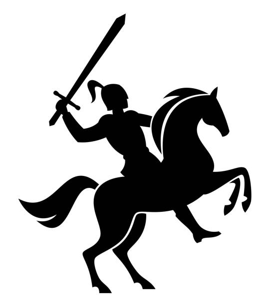 Black knight on horse Black knight on horse on a white background chivalry stock illustrations