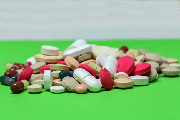 Medicinal products close-up on a light plane.