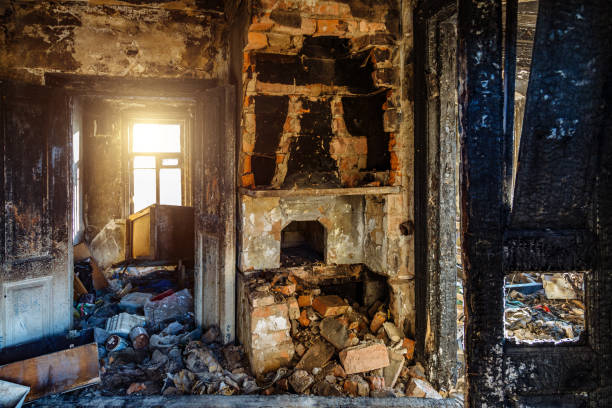 istock Burnt old rural house interior. Consequences of fire 1192533894