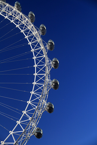 London, UK - December 1, 2019: London Eye is the world's largest wheel, 135 meters high and 120 meters wide in diameter. Detail of the capsules