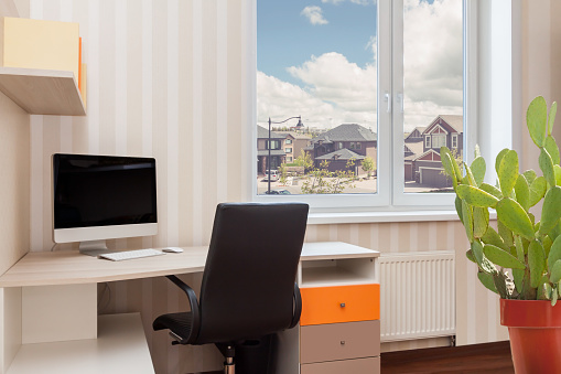 Modern work desk interior with a computer and cactus flower pot near to the window with a view of residential area spring sunny day background. Healthy living, calming concept image.