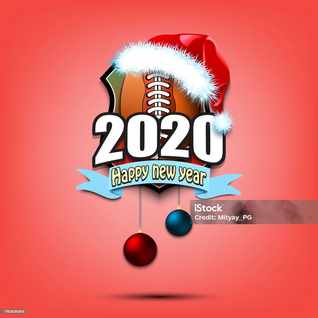 Happy New Year 2020 And Football Ball In Santa Hat Stock ...