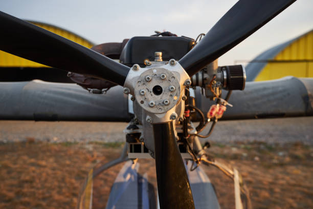 air propeller of the ultralight aircraft standing on airfield, close-up - fuel and power generation air vehicle repairing airplane imagens e fotografias de stock