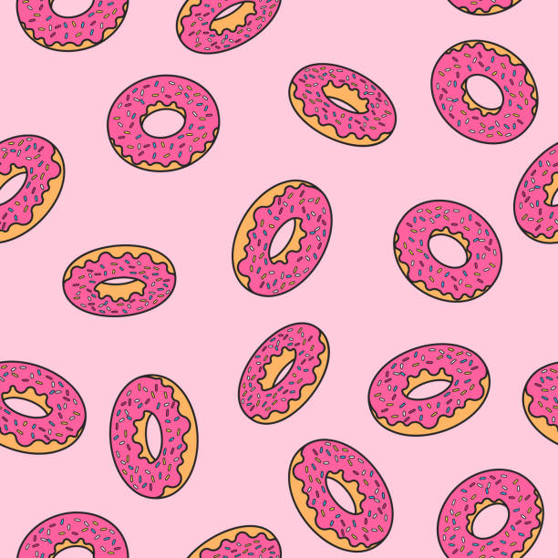 Donuts seamless pattern with pink glaze isometric retro comics pop style on pink background Donuts seamless pattern with pink glaze isometric retro comics pop style on pink background doughnut stock illustrations