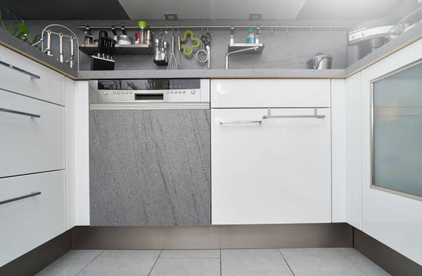 istock Built-in white and gray kitchen dishwasher in a modern interior 1192544403