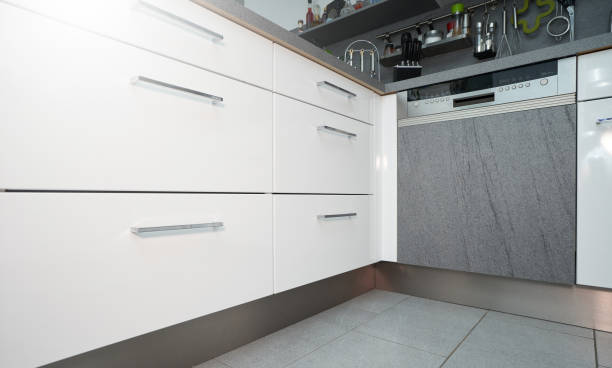 istock Built-in white and gray kitchen dishwasher in a modern interior 1192544419