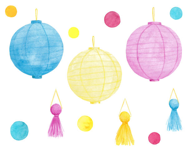 Watercolor paper chinese lanterns and tassels. Watercolor hand drawn party decoration elements set isolated on white background. Colorful paper chinese lanterns and tassels. watercolor lantern set stock illustrations