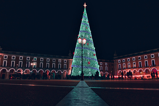 Christmas tree on Commerce square at night in Lisbon, Portugal