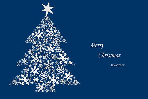 Christmas tree made of white stars on dark blue background. Christmas card.