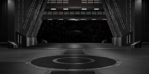 sci fi  corridor with view of space galaxy 3d rendering
