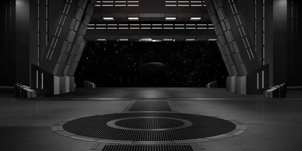 sci fi  corridor with view of space galaxy 3d rendering stock photo