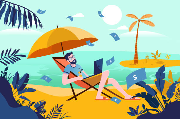 ilustrações, clipart, desenhos animados e ícones de renda passiva - homem crescido no feriado com o dinheiro que chove para baixo - vector sand summer smiling