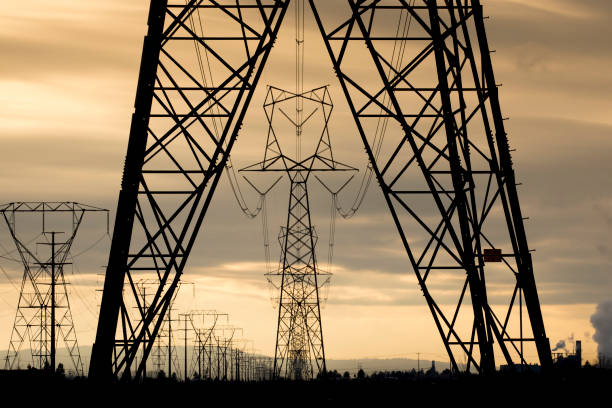 istock Electrical towers and lines at sunset. 1192557609