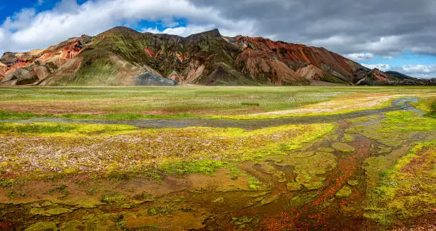 Photo of Panoramic view of colorful rhyolite volcanic mountains Landmannalaugar as pure wilderness in Iceland