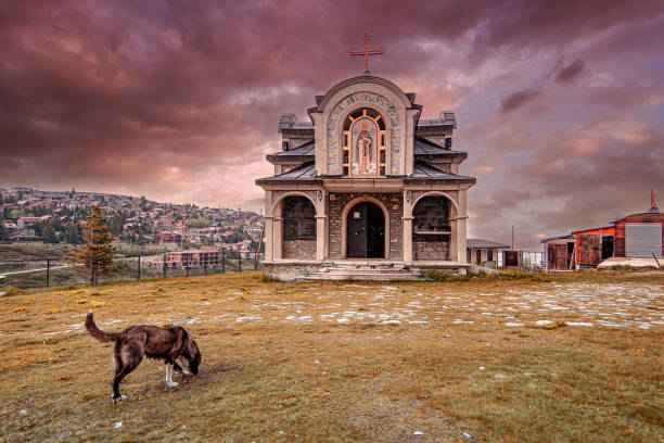 Panorama view of Church St. Naum of Ohrid Panorama view of Church St. Naum of Ohrid and one dog on the meadow (dry grass).Springtime in Sharr Mountains, Popova Shapka, North Macedonia. tetovo stock pictures, royalty-free photos & images
