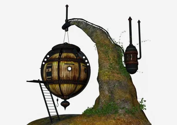 Fantasy steampunk house hanging on a rock in a white background.