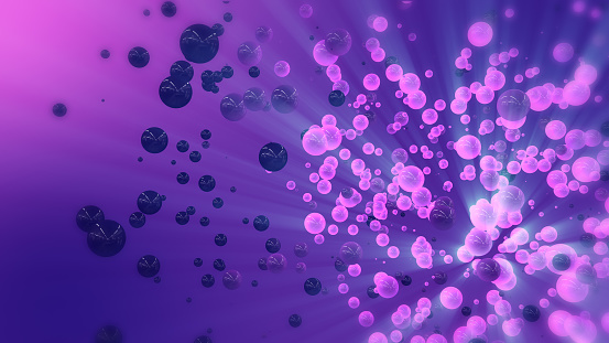 Abstract 3d rendering pink and purple flying spheres. Flying particles in empty space. Futuristic background lying particles in empty space. Dynamic shape. Futuristic background.