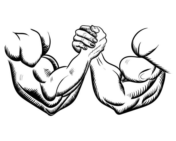 arm wrestling kampf kampf. siegesskizze, figurenbild. vektor-illustration schwarz auf weiß - conflict competition arm wrestling business stock-grafiken, -clipart, -cartoons und -symbole