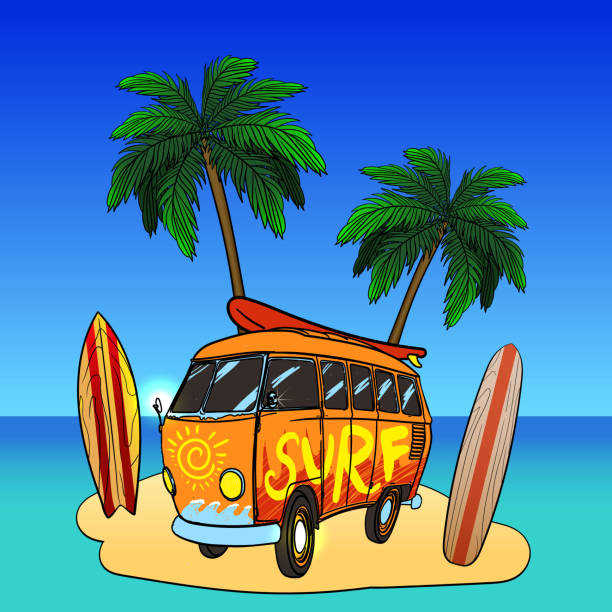 istock Old fashion bus with palm trees. Retro surf bus, surf symbols. 1192570135