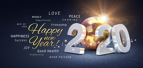 Happy New Year greetings, best wishes and 2020 date number, composed with a gold colored planet earth, on a festive black background, with glitters and stars - 3D illustration