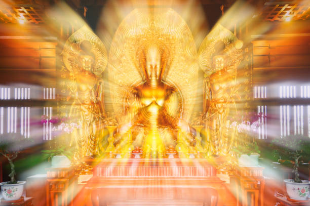golden pagoda and blue light and fare effect