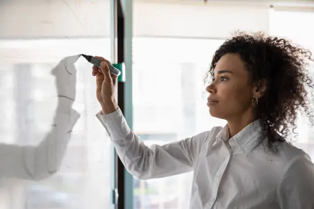 Photo of African American female write on board developing business plan