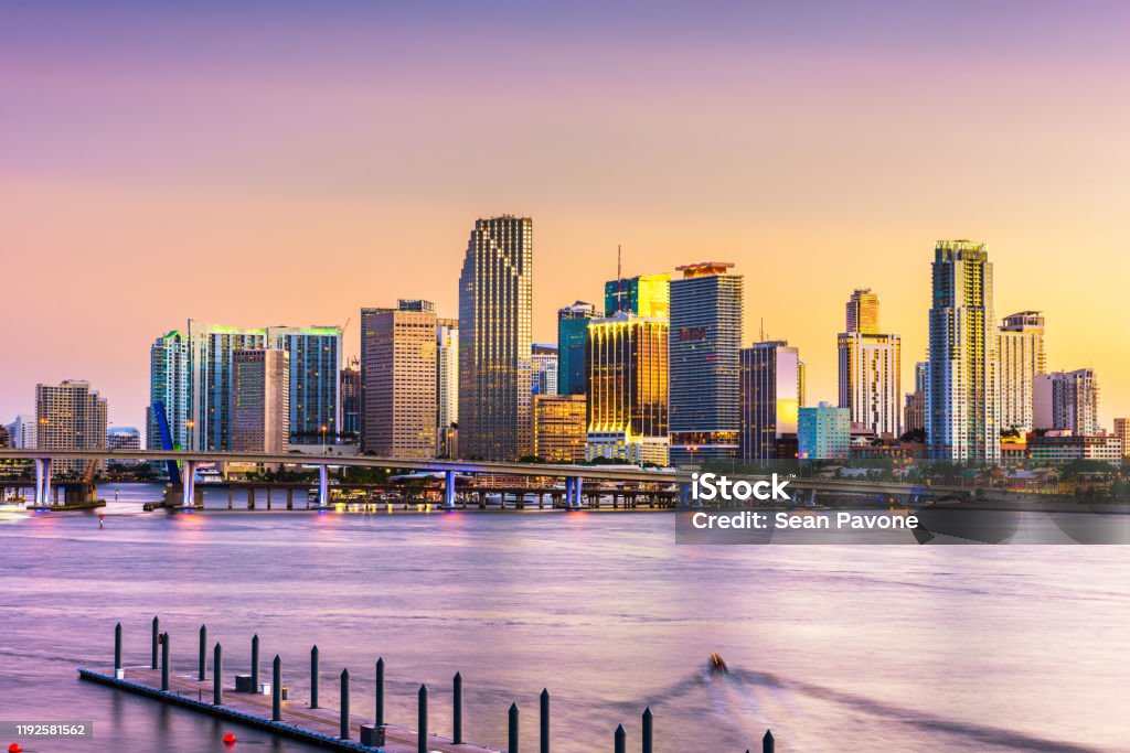 Miami, Florida, USA skyline on Bisayne Bay Miami, Florida, USA skyline on Bisayne Bay at dusk. Miami Stock Photo