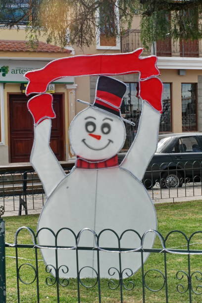 Snowman Christmas decoration in Matriz Park in Cotacachi, Ecuador