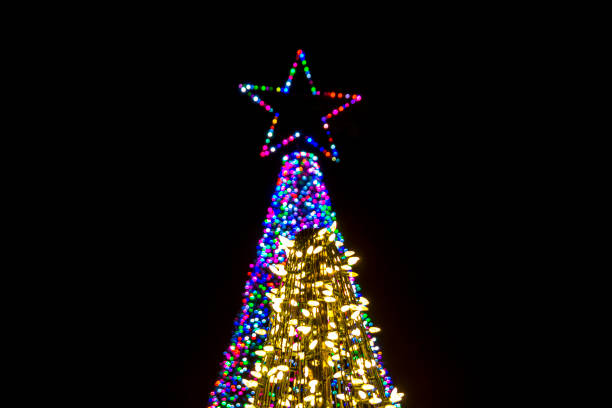This shot shows a large decorative light display in the shape of a tree with a star on top.  In the foreground is the top of another tree.  The lights in the background are created with programmable LED lights so any color is possible.  In this instant they are lit in a rainbow of colors.