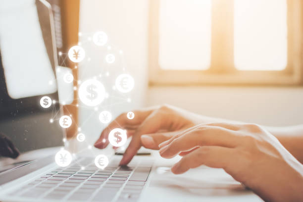 istock Close up image hand using laptop with online transaction application, Concept financial technology (fintech) and ICO Initial coin offering business financial internet innovation technology 1192604710
