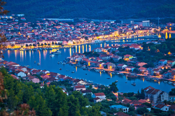 istock Korcula. Town of Vela Luka evening panoramic view 1192607286
