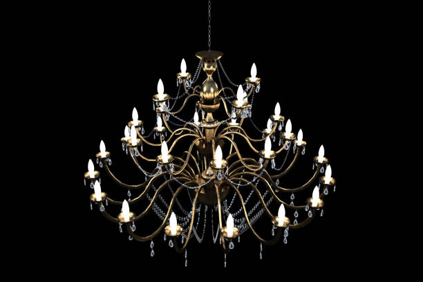 istock Elegant chandelier with lights on isolated on black, 3d render. 1192608188