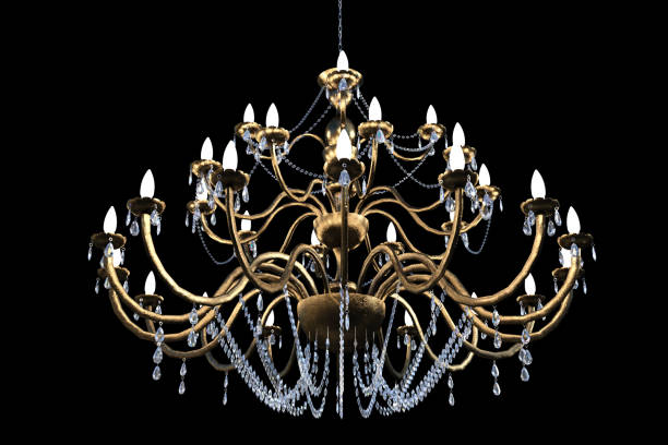 istock Elegant chandelier with lights on isolated on black, 3d render. 1192608762