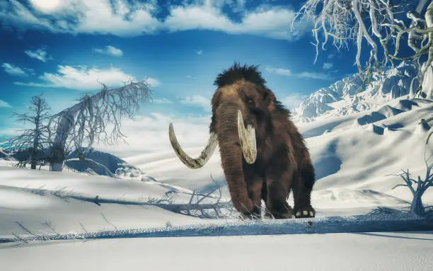 Mammoth in the middle of mountains . This is a 3d render illustration