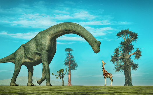 Jirafa delante de un brachiosaurus. Esta es una ilustración de renderización 3d. photo