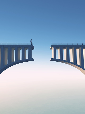 Man standing on a broken bridge . This is a 3d render illustration.