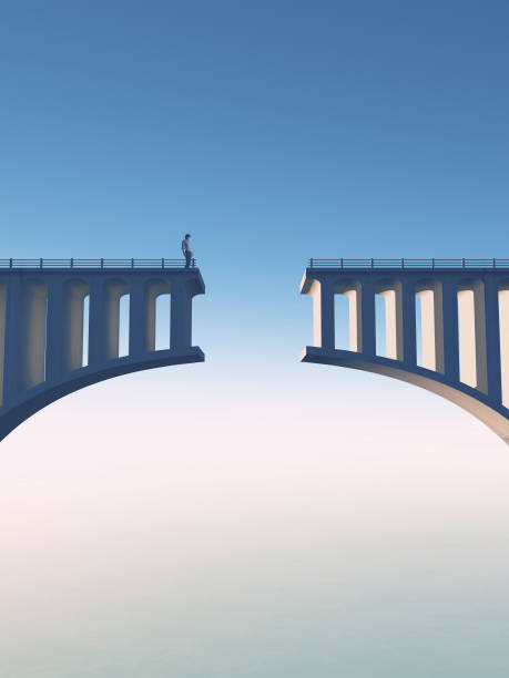 Photo of Man standing on a broken bridge . This is a 3d render illustration.
