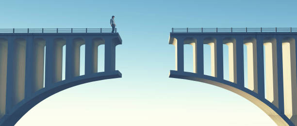 homem que está em uma ponte quebrada. esta é uma ilustração de renderização 3d. - high dynamic resolution - fotografias e filmes do acervo