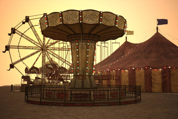 istock Vintage carnival with rides at sunset, 3d render. 1192609924