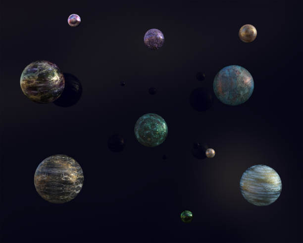 istock Set of floating spheres isolated on black, 3d render. 1192609938