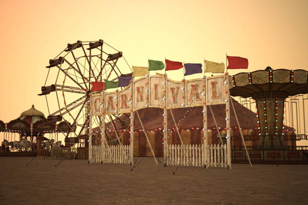 istock Vintage carnival with rides at sunset, 3d render. 1192610021