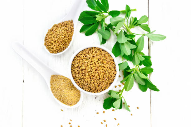 Fenugreek in bowl and two spoons with leaves on board top Fenugreek seeds in a bowl and spoon, ground spice in a spoon with green leaves on wooden board background from above fenugreek stock pictures, royalty-free photos & images