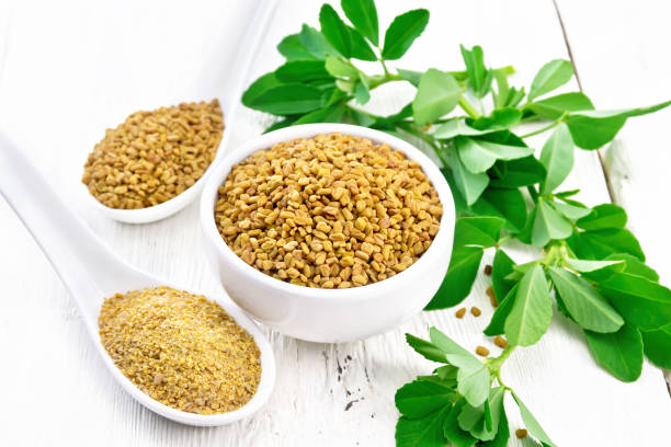 istock Fenugreek in bowl and two spoons with leaves on light board 1192610683