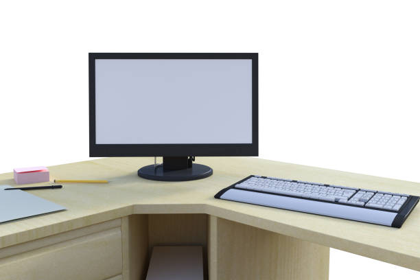 istock Computer monitor and keyboard on a desk isolated on white, 3d render. 1192611794