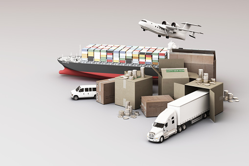 3D rendering of the crate box surrounded by cardboard boxes, a cargo container ship, a flying plan, a car, a van and a truck on white background