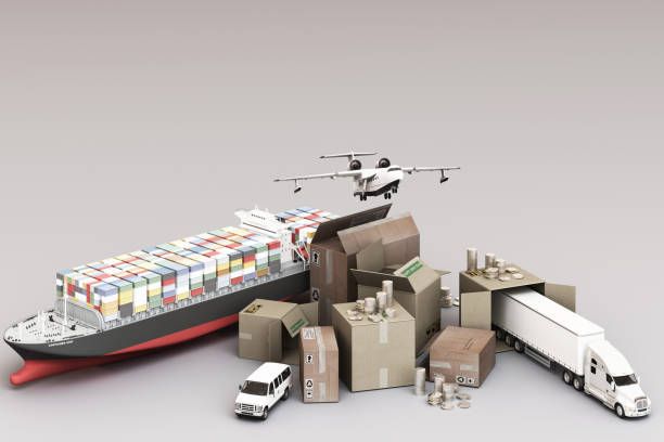 istock 3D rendering of the crate box surrounded by cardboard boxes, a cargo container ship, a flying plan, a car, a van and a truck on white background 1192612919