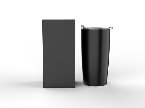 Blank Stainless Steel Tumbler with Lid And Hard Box For branding mock up. 3d render illustration.