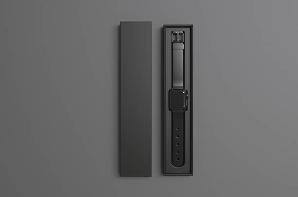 smart watch with hard box packaging for branding and mock up. 3d render illustration. - white black plastic packaging imagens e fotografias de stock
