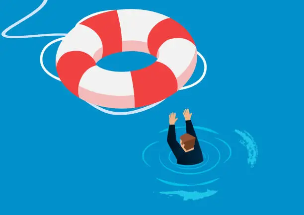 Vector illustration of Flooded businessman getting rescue from life buoy