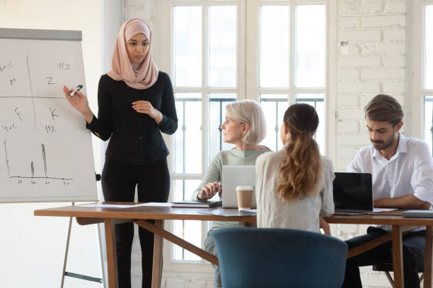 istock Focused arabian businesswoman coach holding workshop training. 1192624563